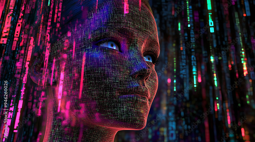 Poster a person gazes at a computer screen, intently studying the intricacies of artificial intelligence.