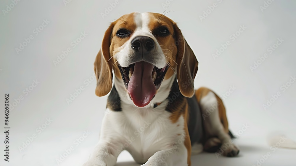 Sticker A playful beagle dog lounging with a joyful expression, showcasing its friendly demeanor.