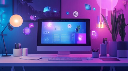 Work desk with computer display featuring web design studio presentation page, surrounded by flying web design icons. Visual representation of a creative digital workspace concept 