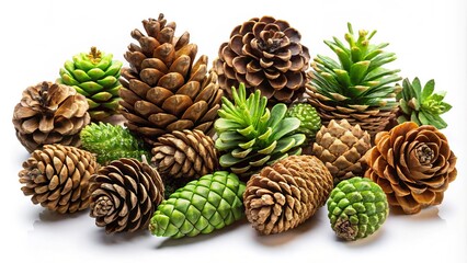 Obraz premium A collection of brown and green pine cones of various sizes and shapes scattered against a pure white background, showcasing natural texture and earthy beauty.