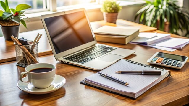 A cluttered workspace with an open laptop surrounded by scattered papers, notebooks, and pens, with a cup of coffee and a calculator nearby.
