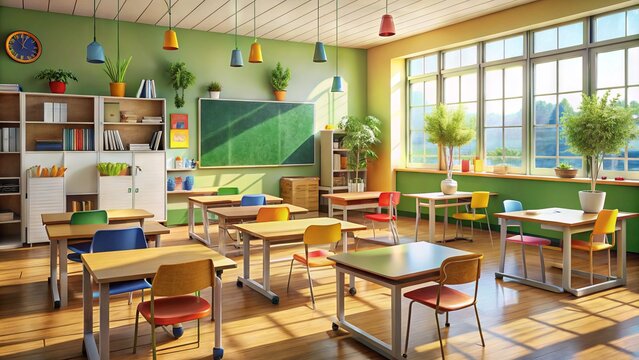 A colorful and organized classroom filled with desks, chairs, and learning materials, featuring a chalkboard with mathematical equations and diagrams.