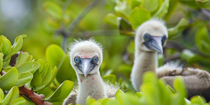 Young seabirds perched among vibrant green foliage in a tropical environment during daylight hours