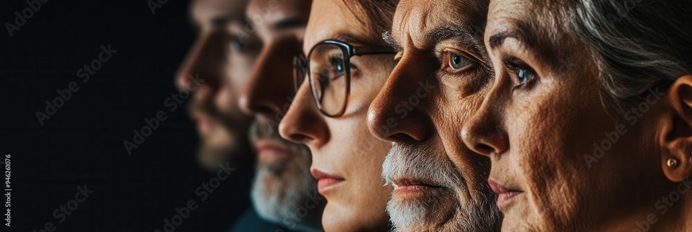 Poster Four individuals, each representing a different generation, face forward with distinct expressions, highlighting the diversity of thoughts and experiences shared across ages. Generative AI