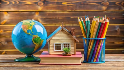 A colorful arrangement of books, pencils, and a globe surrounding a miniature school building on a...