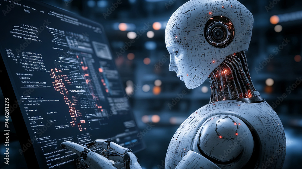 Poster a digital image shows a man standing in front of a chaotic background of data, representing the fuel