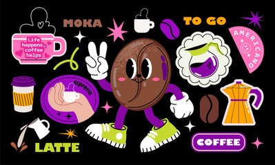 Retro coffee stickers in groovy psychedelic acid style. Retro coffee bean character, cup, coffee pot, kettle, paper cup. Vector clip art isolated on black
