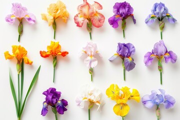 Spring floral collection of colorful head irises on white background Flat lay top view