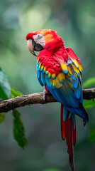 Fototapeta premium A vibrant scarlet macaw perched on a branch surrounded by lush greenery in a tropical rainforest during midday