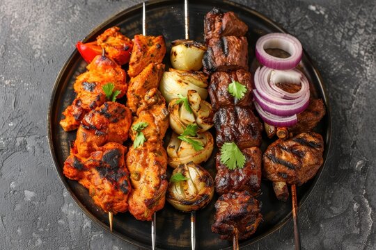 Spicy grill platter with chicken beef and onions on table top view of Arabian cuisine