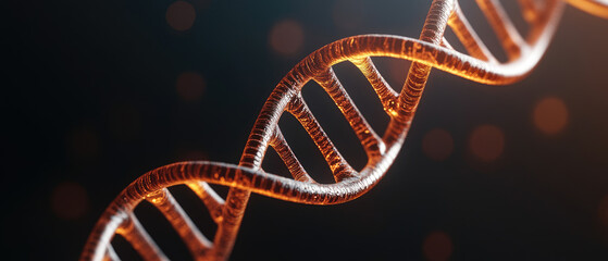 Molecular Blueprint, a close-up of a spiraling DNA helix glowing with warm light against a dark backdrop, symbolizing the foundation of life and genetic information.