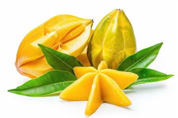 Fototapeta premium Star fruit with leaves isolated on white background