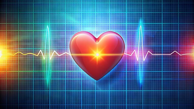 A colorful illustration of a human heart with a pulsing ECG waveform, surrounded by a faint grid background and subtle medical equipment elements.