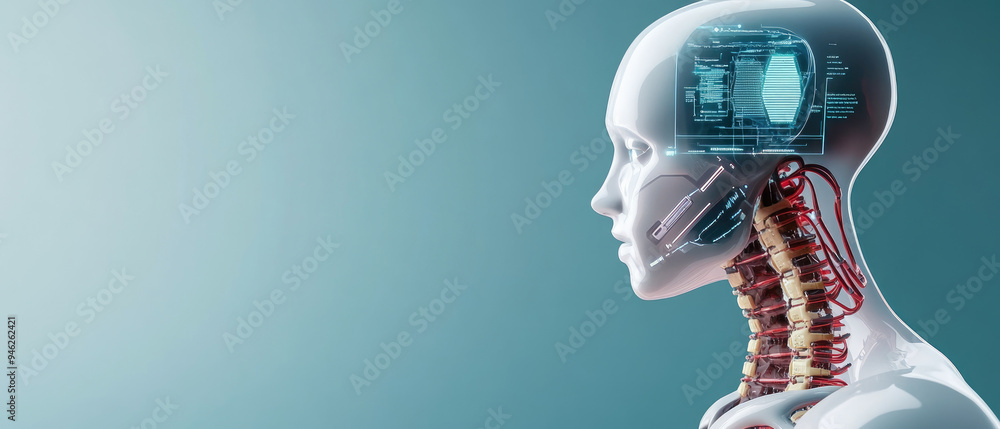 Poster futuristic humanoid robot, sleek design, intricate internal mechanics visible, holographic interface