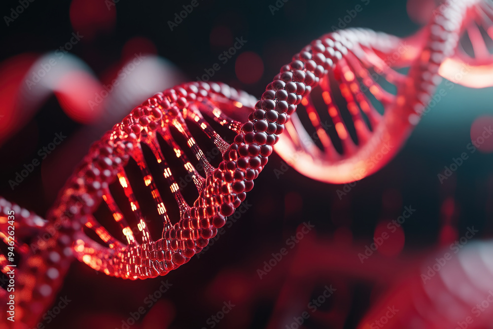 Poster dynamic representation of a dna double helix illuminated in red, showcasing the complexity of geneti