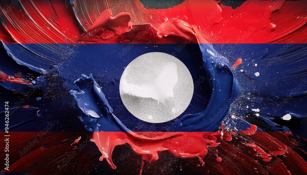 Poster abstract paint splatter with the laotian flag colors creating a hole in the center, revealing a whit