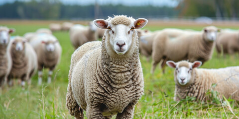 Obraz premium A flock of sheep grazing peacefully in a lush, green field under a clear blue sky during a sunny afternoon