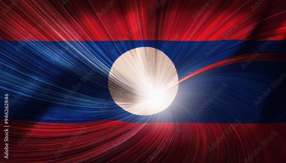 Poster abstract representation of the laotian flag with a radial burst of light behind the disk.
