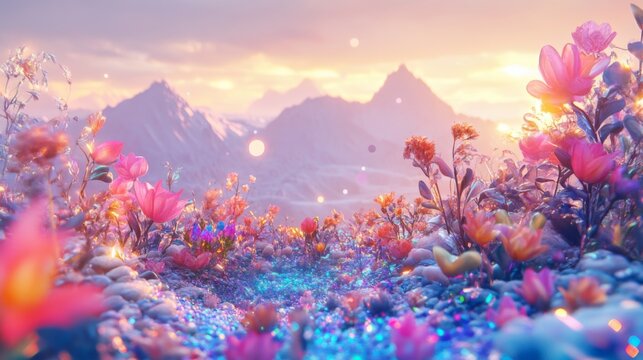 Dream core iridescent Escapism aesthetic background. Fairy core 3d render. Abstract surreal landscape with mountains, sea, sparkling  flowers, moon and stars. Panoramic seascape wallpaper.