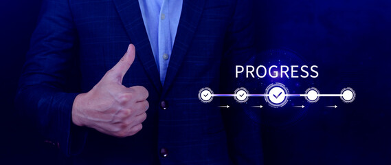 Progress concept, touching to tick correct mark in checklist with progressive loading status remind...