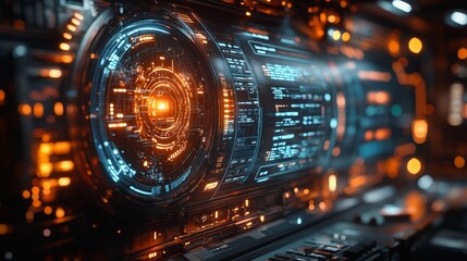 Fototapeta premium A holographic interface displays various data and control options for moderating online content in a dynamic, tech-driven setting.