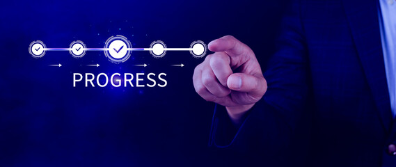 Progress concept, touching to tick correct mark in checklist with progressive loading status remind...