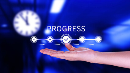 Progress concept, touching to tick correct mark in checklist with progressive loading status remind work task progressive for project develop management and tracking concept.