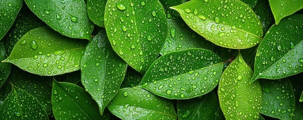 Fototapeta premium Lush green leaves covered in rainwater, with droplets glistening in soft light, rain and leaves, fresh and dewy