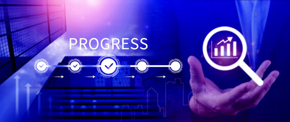Progress concept, touching to tick correct mark in checklist with progressive loading status remind...