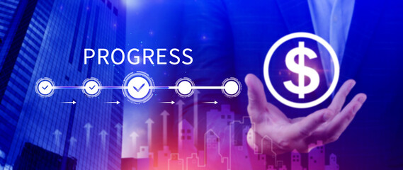 Progress concept, touching to tick correct mark in checklist with progressive loading status remind...
