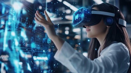 Young businesswoman wearing virtual reality goggles interacts with advanced holographic digital technology in a futuristic office environment. Engaged in touch gestures on an abstract background, she