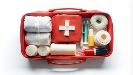 A crisp white background highlights a neatly organized first aid kit filled with bandages, gauze, antiseptic wipes, and other medical supplies for emergency treatment.