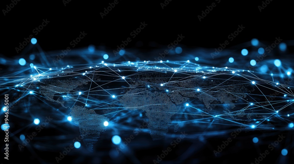 Fototapete digital world with interconnected nodes, abstract global network, ample space for text