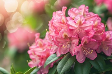 Vibrant pink Rhododendron flowers with green leaves blooming in spring garden