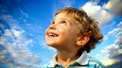A curious young boy with a big smile gazes upward, eyes shining with wonder, as if mesmerized by something magical in the bright blue sky.