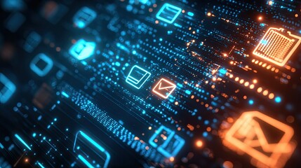 Obraz premium E-commerce symbols on a virtual touch screen, abstract design, space for text