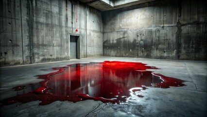 A dark, eerie, and ominous scene featuring a large, stagnant pool of blood on a grey concrete floor, surrounded by a sense of foreboding.