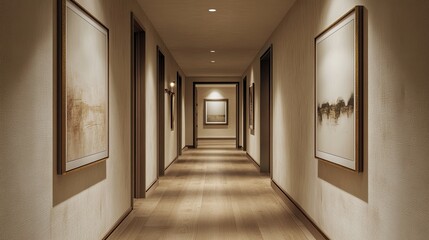Fototapeta premium Elegant hallway with framed art on walls, minimalist decor, ample space for text