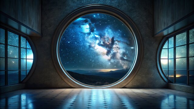 A dark and mysterious space with a large circular window looks out into the starry night sky, illuminated by a faint blue glow.