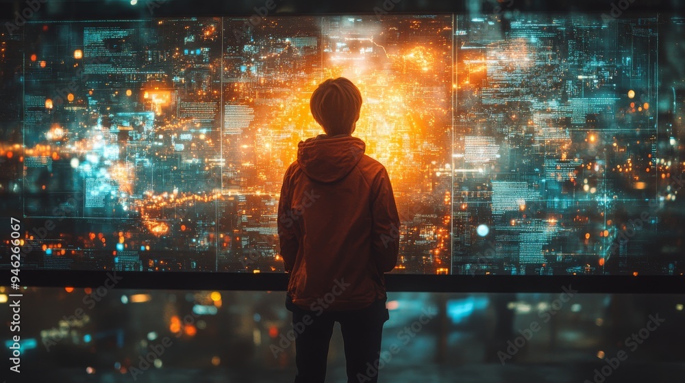 Poster a person stands before a large holographic display, engaging in online moderation with dynamic data 
