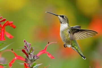 Fototapeta premium Young male hummingbird eating cardinal flower
