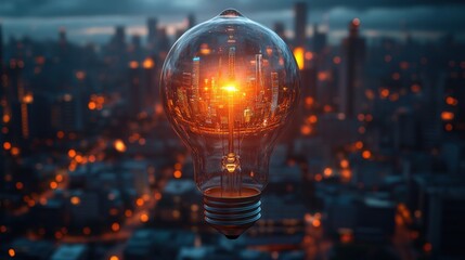 Cityscape Within a Light Bulb