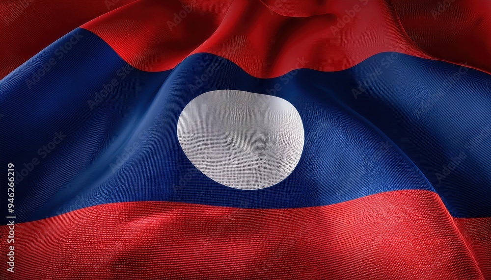 Poster close-up of a waving laotian flag with a red, blue, and white color scheme. the flag is made of fabr