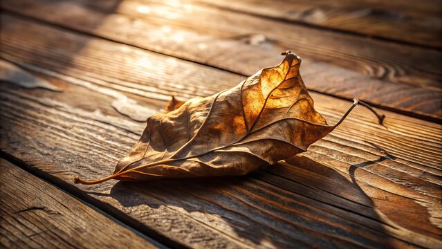 A delicate, curled, and crumbling brown dried leaf rests on a worn wooden table, surrounded by subtle shadows and warm, natural light. - Powered by Adobe