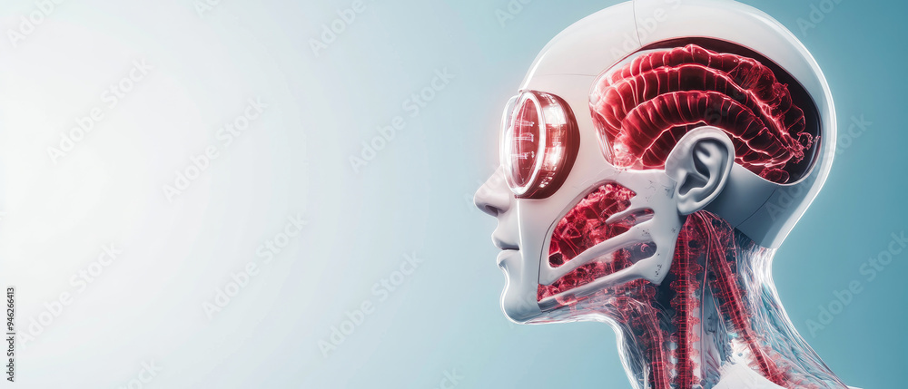Aufkleber futuristic humanoid with transparent skull and brain exposed, intricate neural structures highlighte