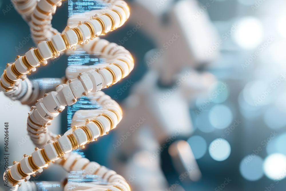 Poster futuristic dna helix, a modern interpretation of dna structure with glowing elements, integrating di