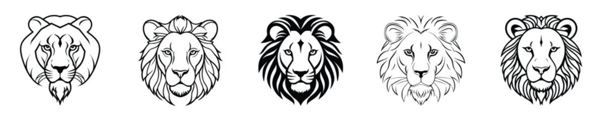 Set of lion face line art.