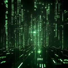 Glowing Digital Matrix with Flowing Green Binary Code and Black Techno Background