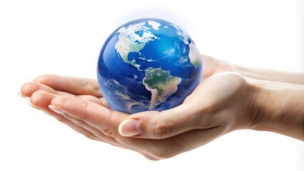 A delicate hand cradles a serene blue globe, symbolizing care, protection, and harmony with the environment, on a neutral white background.