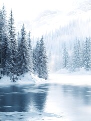 Fototapeta premium Serene Winter Landscape of Frozen Lake and Snow Covered Pine Forest